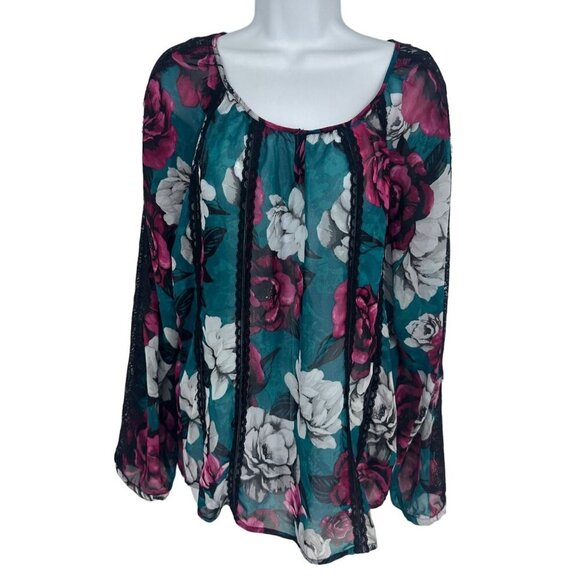 White House Black Market Womens Green Red Floral Lace Trim Sheer Blouse Size M - Picture 1 of 10